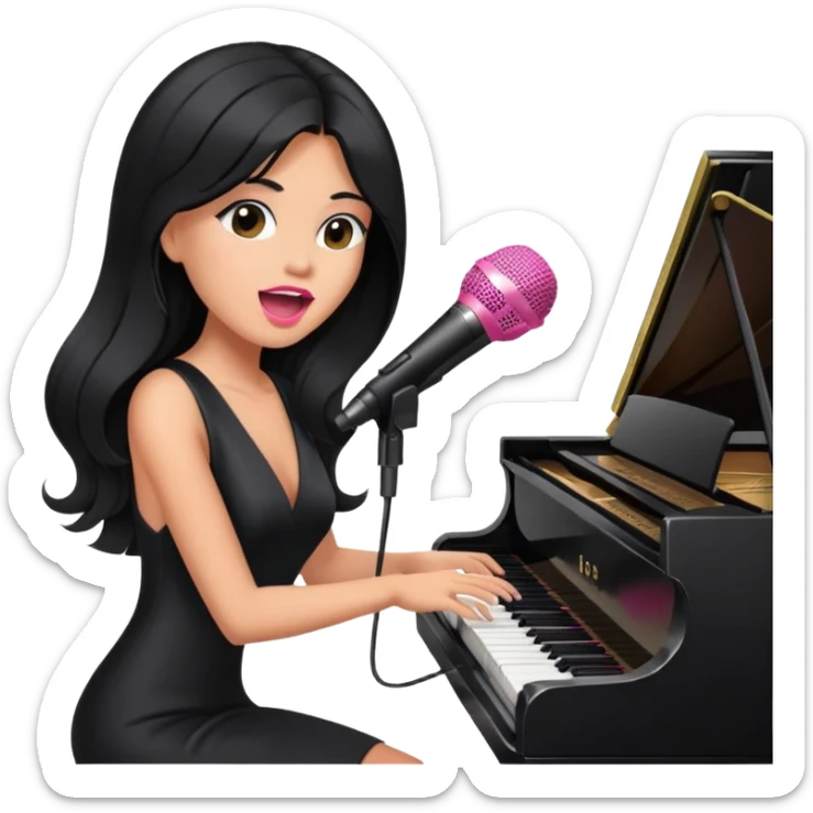 pink microphone, music, singing, playing piano, long black hair tanned woman, black glam dress sticker