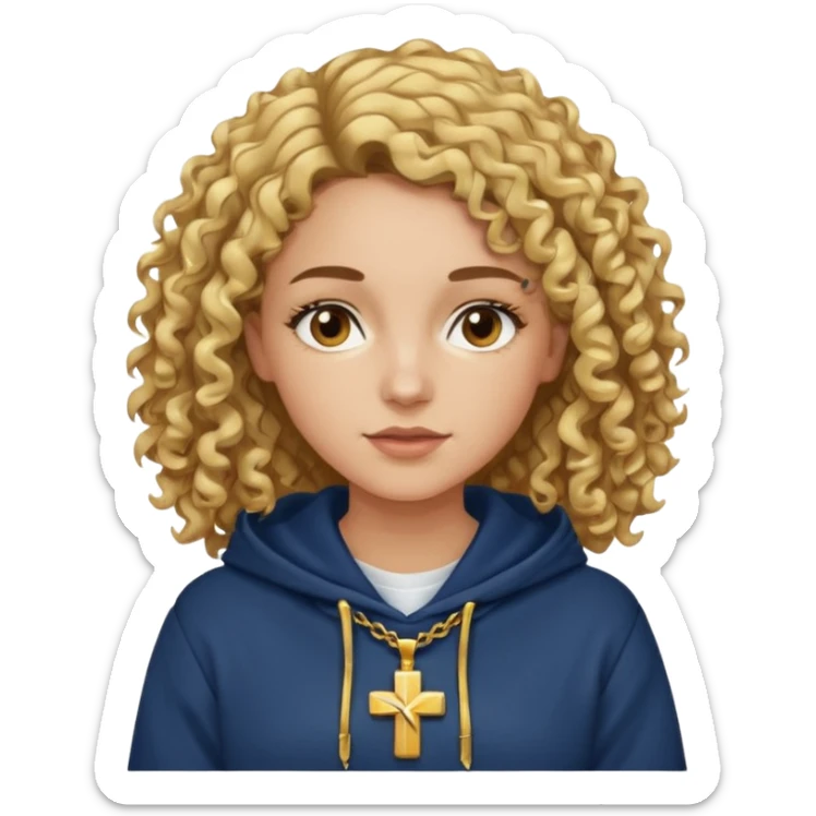 woman with curly brown hair and blonde highlights, brown eyes, and a gold cross necklace over a navy hoodie. sticker