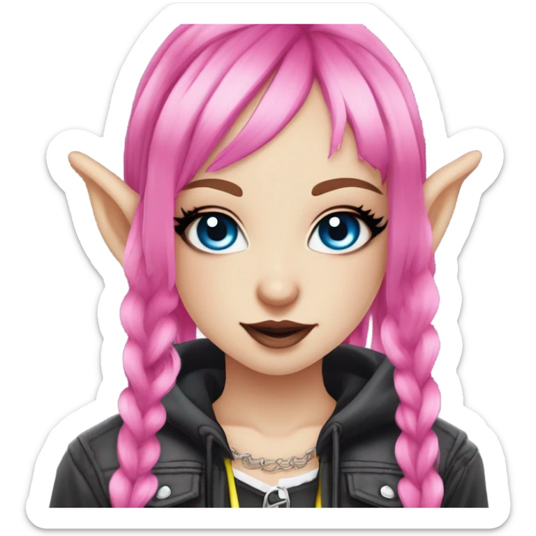 Blue eyed long eye lashes pout blonde and pink hair pale hime gyaru girl, hot pink and yellow split-dyed hair, nose ring, elf ears, dark makeup, punk clothes sticker