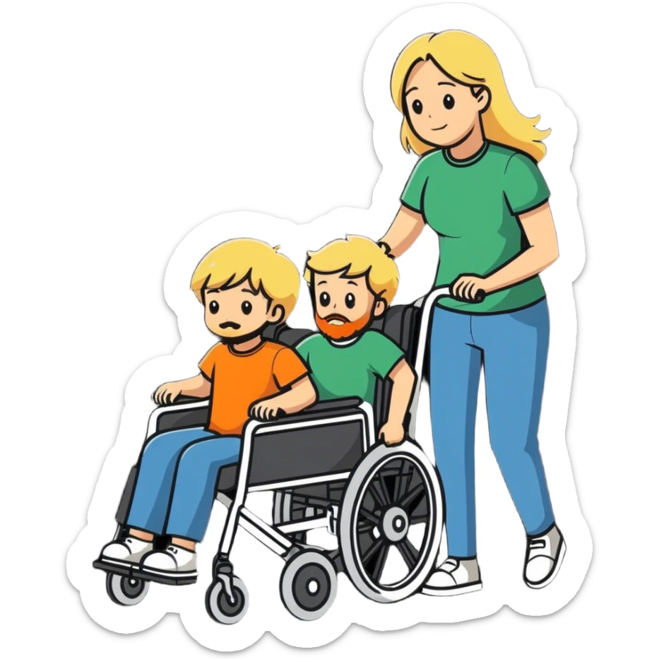 long haired blonde women pushing her bearded son in a wheelchair sticker
