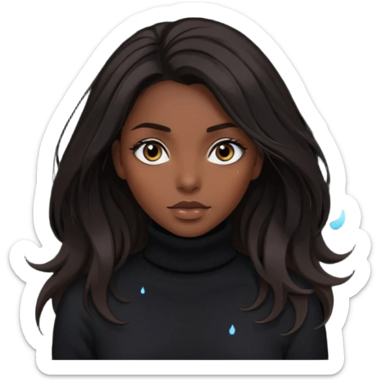 Mujer pelo oscuroy muy largo con unos mechones saliendo ojos oscuros y muy atractiva y con jersey de invierno de cuello vuelto sticker