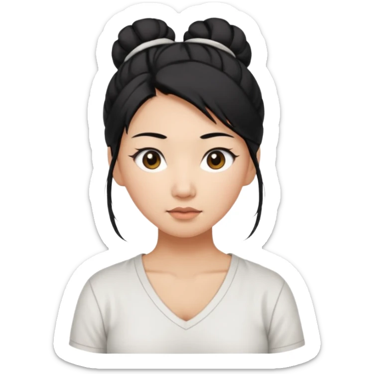 asian mom with long black hair tied in up in a messy bun and big brown eyes emoji in a white v neck shirt sticker