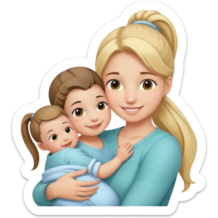 Ponytail girl hugs a newborn baby and a girl sticker