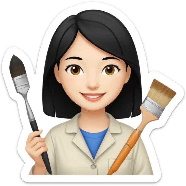 Painting Hold. Women painting smilling  black hair sticker