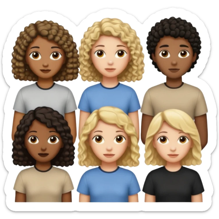 group of people  together ; men and women with one with brown straight hair one with blonde hair and one with black curly hair- short hair, long hair and curly hair wearing beige shirts aesthetic no collar, brown people, white people, black people sticker