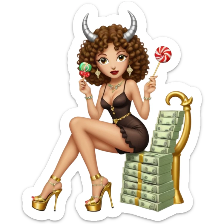 seductress evil brown curly haired sexy drug lord woman with clear glittery platform heels on her feet and horns on her head, holding a stack of cash and a lollipop in her mouth sticker