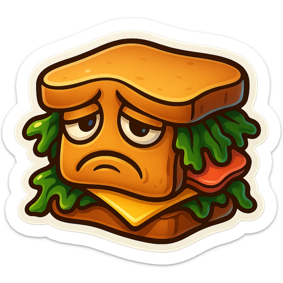 Make the miserable sandwich brighter with vivid colors, reduce the number of layers to just two or three main ingredients, keep the sad expression. sticker