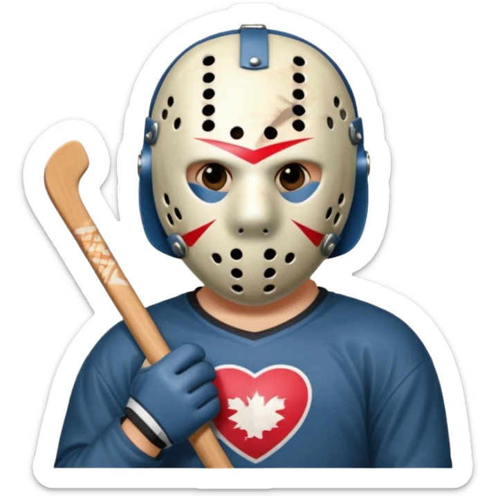a cartoon image of Jason Voorhees, looking cute, with his hands clasped in front of him, at a sideways angle, looks like he is in love sticker