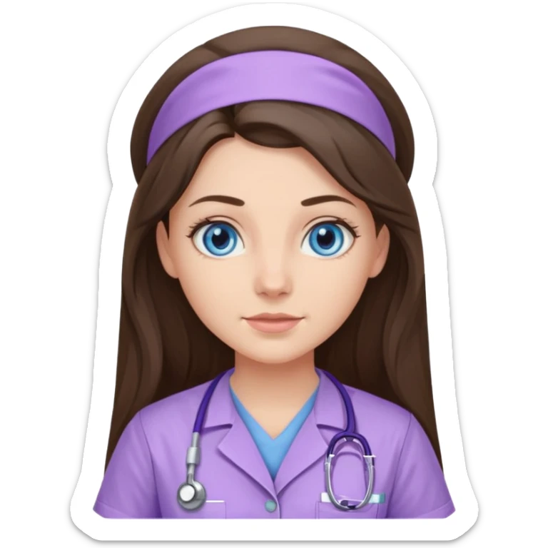 pretty brunette nurse with long hair and blue eyes in lilac scrubs sticker