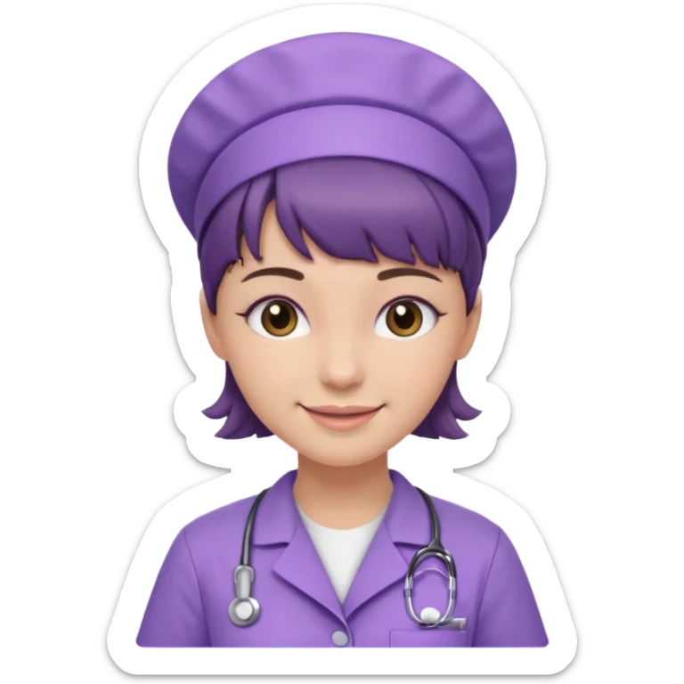 A young female slim nurse with short Brown hair with fringe over her forehead, wearing larvendar purple working cloth sticker