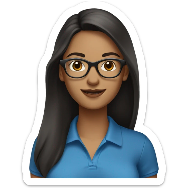 female, light brown skin, long black hair with some grey, wearing blue eyeglasses. Brown eyes. Wering a polo shirt. Smiling sticker