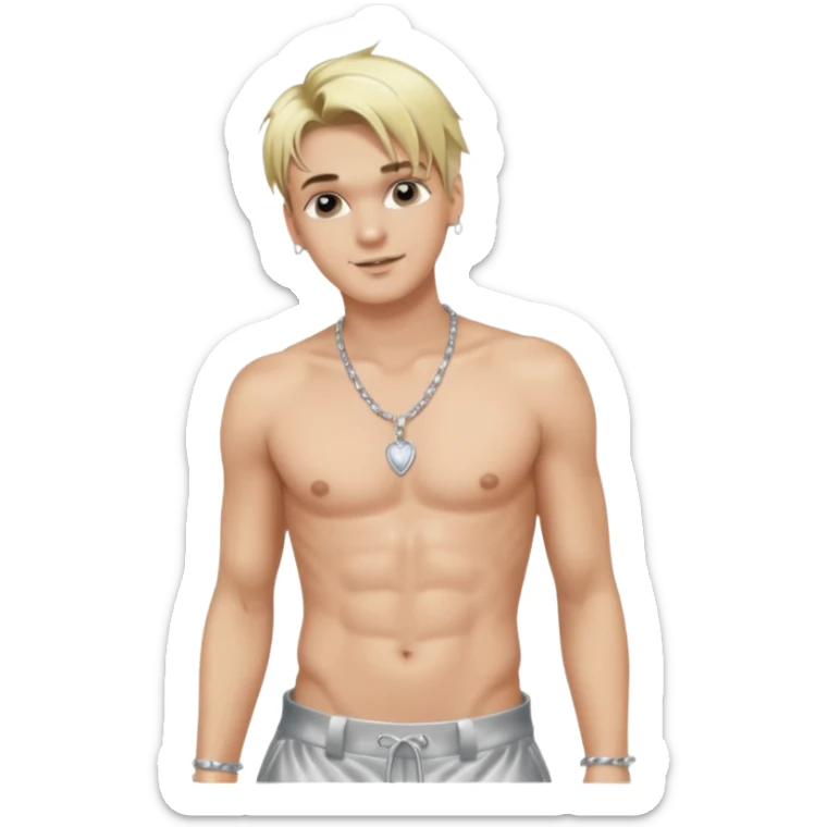 Aaron Carter with blonde hair, silver satin baggy pants, shirtless with necklace  sticker