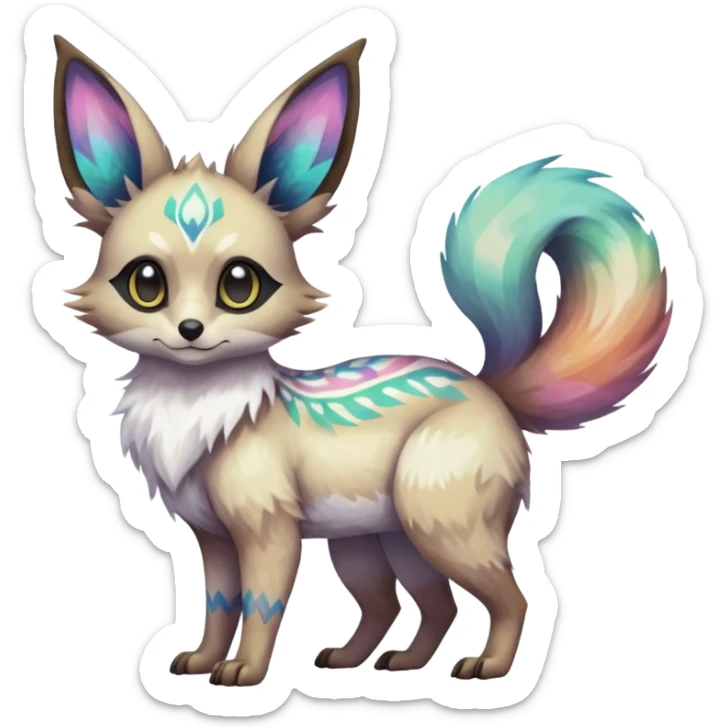 Rare iridescent white exotic epic aesthetic colorful Trico-Eevee-Genet-species-Fakemon-hybrid-creature, with intricate tattoo markings, full body sticker