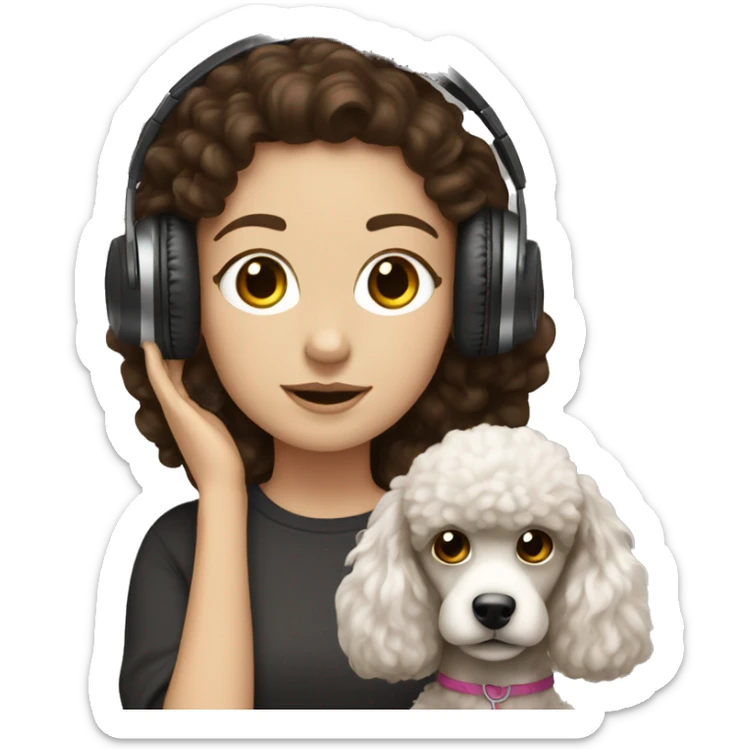 White girl, dark hair in headphones with brown poodle sticker