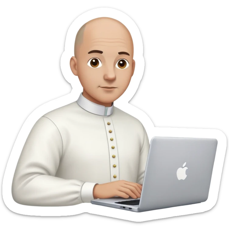 memoji of a bald brown man with a laptop in front, apple-style,modern,fair white skin,dark hair,white bishop collar shirt,behind the computer sticker