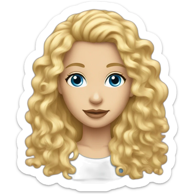 caucasian curly blonde long haired blue eyes woman mauve t-shirt sticker