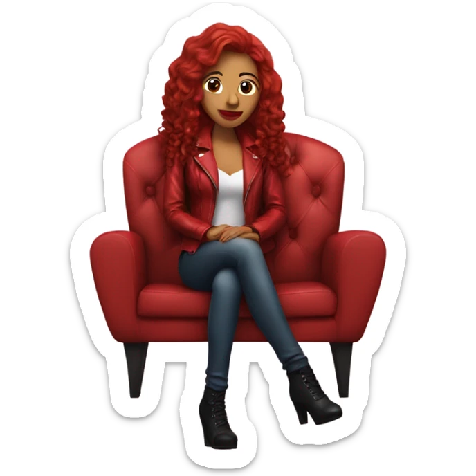 Latina with long red wavy red hair in a red leather jacket and red lipstick sitting on a couch sticker