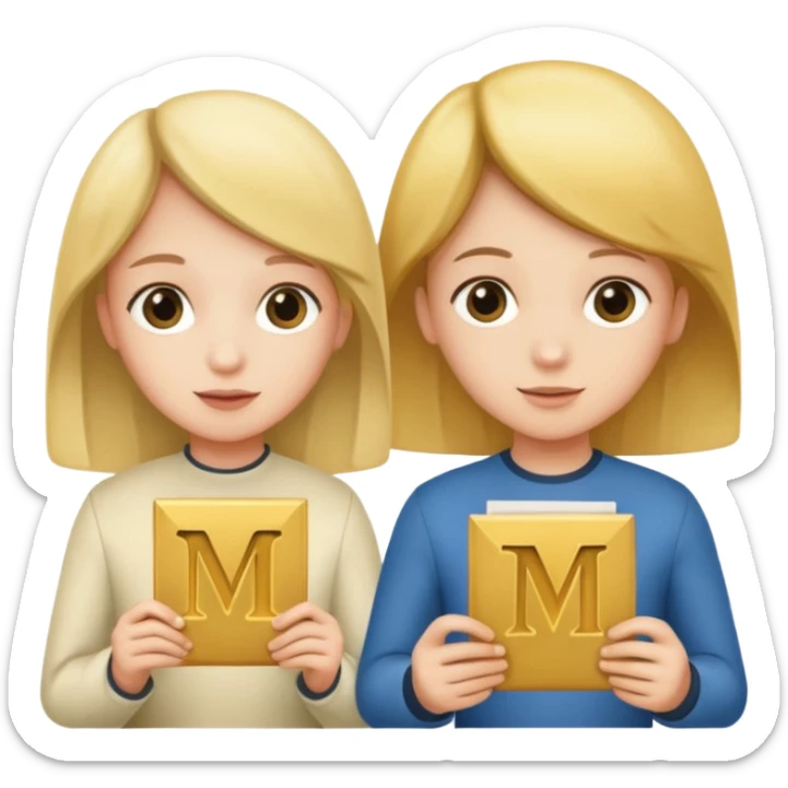 Create two letters, N and Y, in the shape of sisters. Create an image of a boy holding the letter N and a girl holding the letter M  sticker