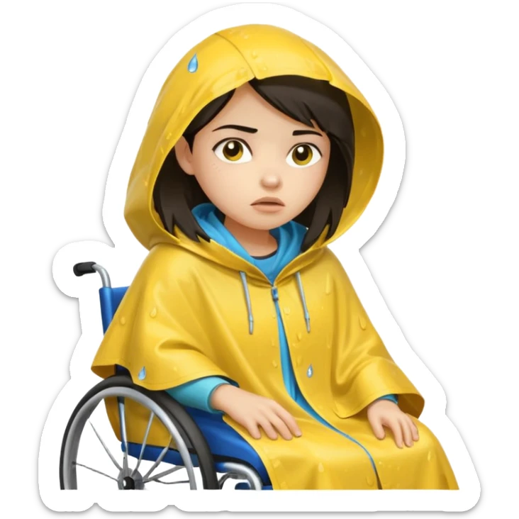 Girl with dark hair  in a wheelchair with rain poncho mad with raining  sticker