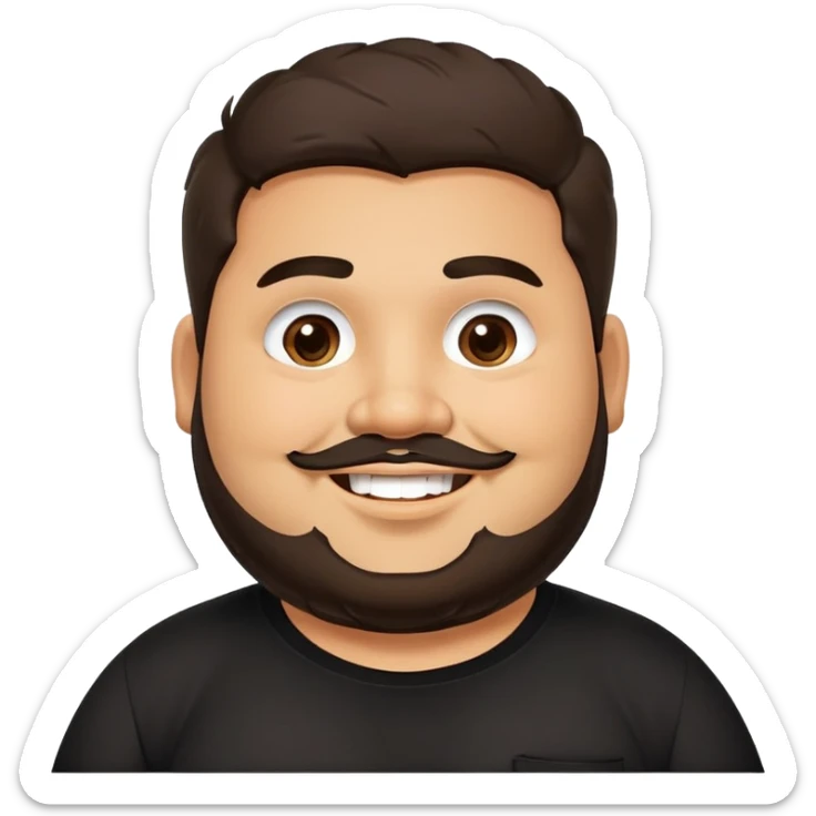 Joven obese, cuerpo grande, latino piel canela, cara redonda-ancha, scruff sin barba completa, cejas gruesas, pelo oscuro ondulado flat largo hasta el cuello. Sonrisa amplia, expresión alegre. Camisa negra. Size large.  sticker