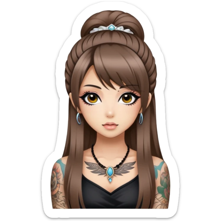 hime gyaru girl, long straight brunette hair, tattoos, dark makeup,  sticker