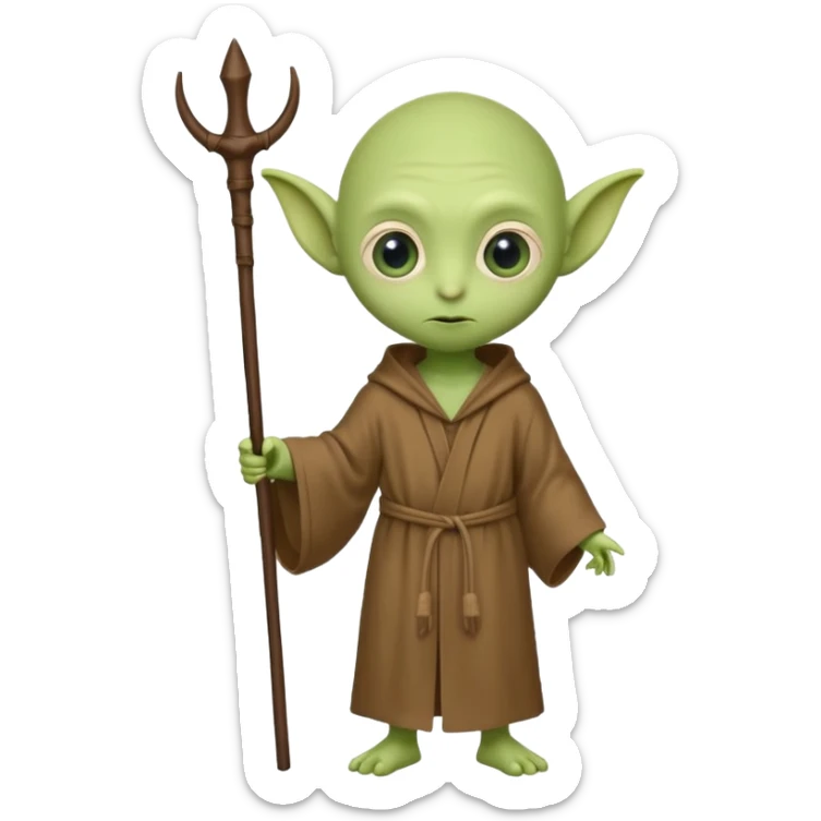 little green alien with bald head, big eyes, big ears, wearing a brown robe and holding a walking stick with both hands sticker