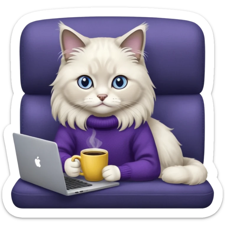 a cute blue eyed ragdoll cat wearing the dark violet sweater with yellow letteting "Milena" sitting on the grey sofa with grey laptop and drinking coffee sticker