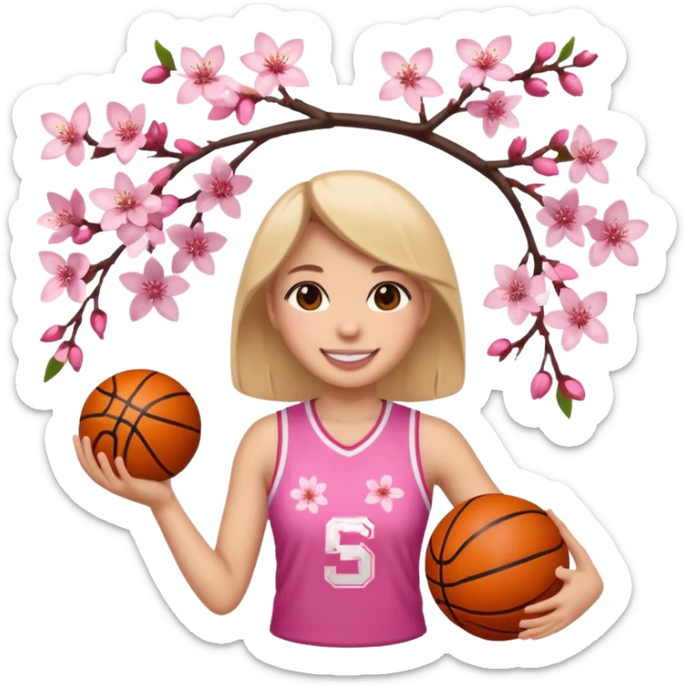 apple style emoji of a basketball girl player with cherry blossoms, representing 'Cherry Blossom Energy' for April sticker