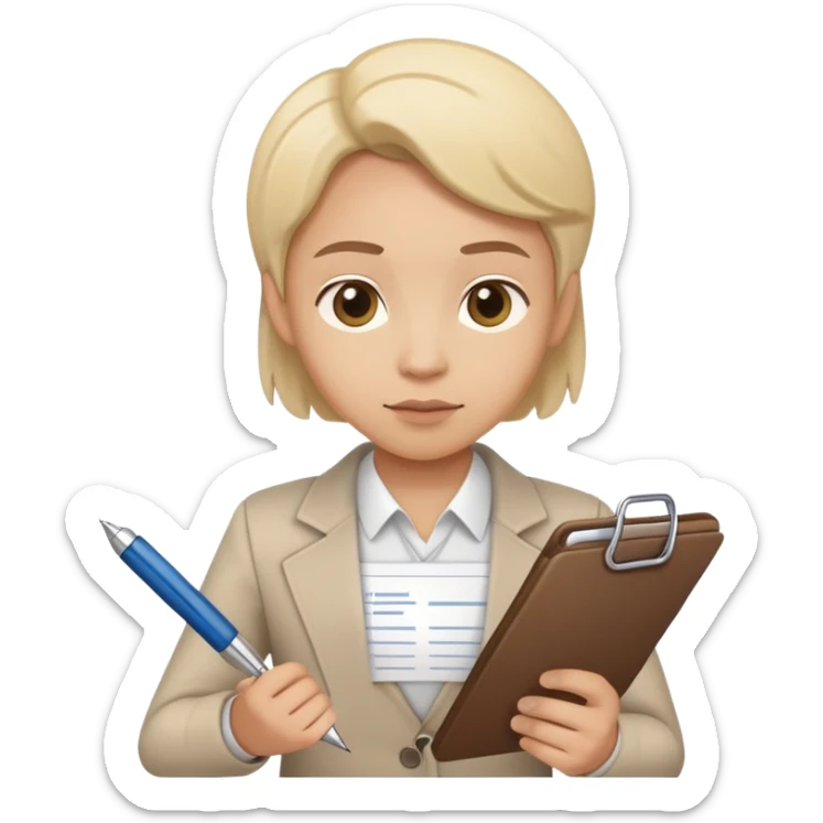 A person holding a checklist and pen is wearing smart casual clothing. The character is in a focused pose sticker