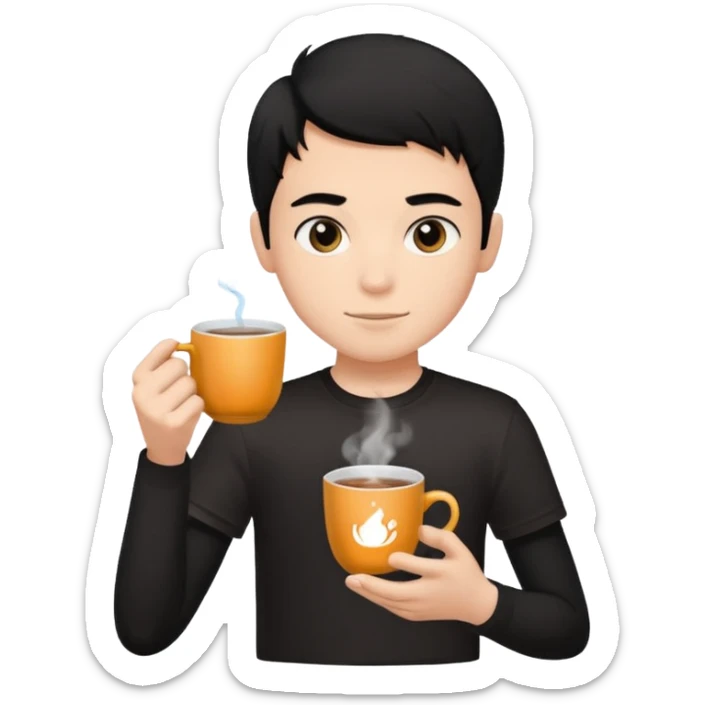 The boy teen have a black hair, and black T-shirt with a cup of tea sticker