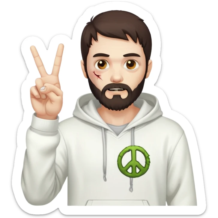 zombie with peace sign gesture wearing white hoodie, with dark brown hair and short full beard sticker
