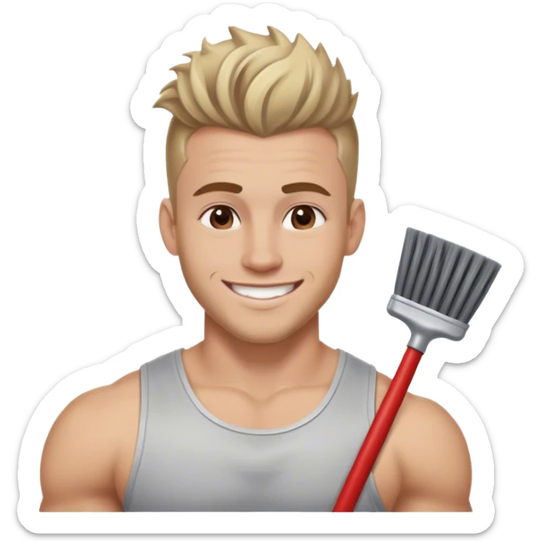 smiling muscular 28 year old man with silver jewelry, with light brown hair that has some blonde and red highlights, and a fauxhawk cleaning sticker