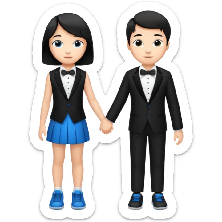generate a pretty bratz fair skinned boy with short black hair wearing a black tux with blue sneakers with a girl sticker
