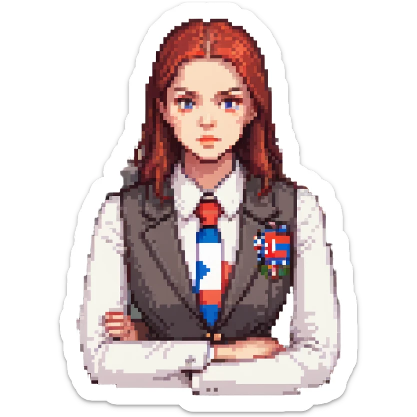 Russian Ministry of Finance employee dealing with sanctions, detailed, professional attire, serious expression, office setting, Russian flag elements subtly included sticker