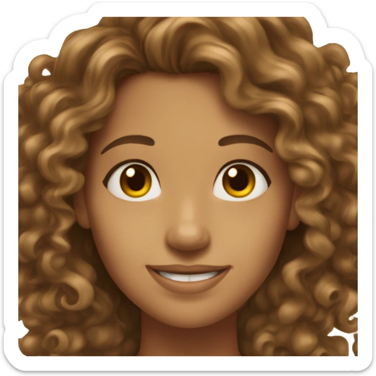 young woman tanned skin brown eyes brown long curly hair smiling happy sticker