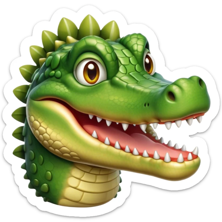 Cinematic Realistic Cute Crocodile Portrait Emoji, Head tilted playfully and inquisitively, featuring a robust, well-defined build with intricately detailed, glossy olive-green scales and a surprisingly endearing face with round, sparkling eyes full of unexpected charm, rendered with lifelike texture and natural highlights, high shine, affectionate and spirited, styled with a touch of wild whimsy, soft glowing outline, capturing the essence of a mischievous yet lovable crocodile that seems poised to snap playfully out of the screen into your arms! sticker