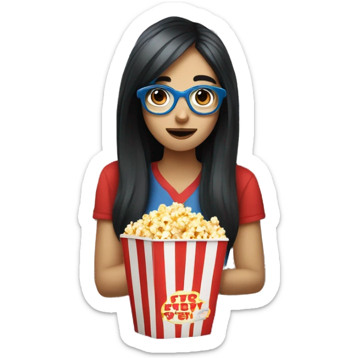 Pale girl with long black hair eating popcorn with red and blue glasses sticker