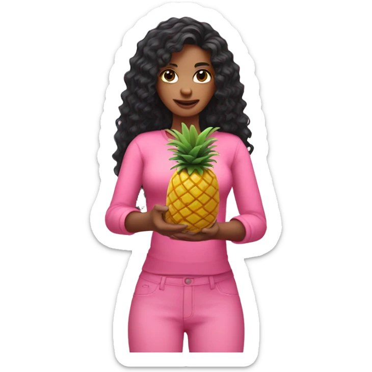 woman with light skin long black curly hair wearing pink holding a pineapple in hands sticker