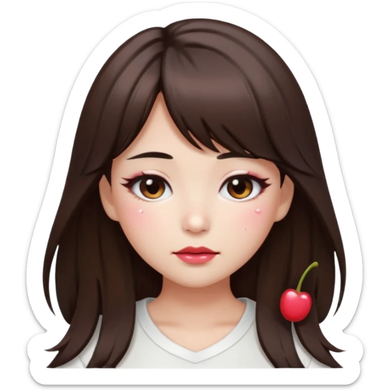 “japanese style Emoji brunette girl long hair with side bangs white top, dewy skin, heavy blush across cheeks and nose bridge, glossy cherry lips, soft eyeliner, teary sparkling eyes sticker
