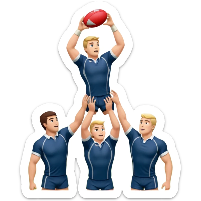 two rugby players lifting another player to catch a ball in a lineout in rugby sticker
