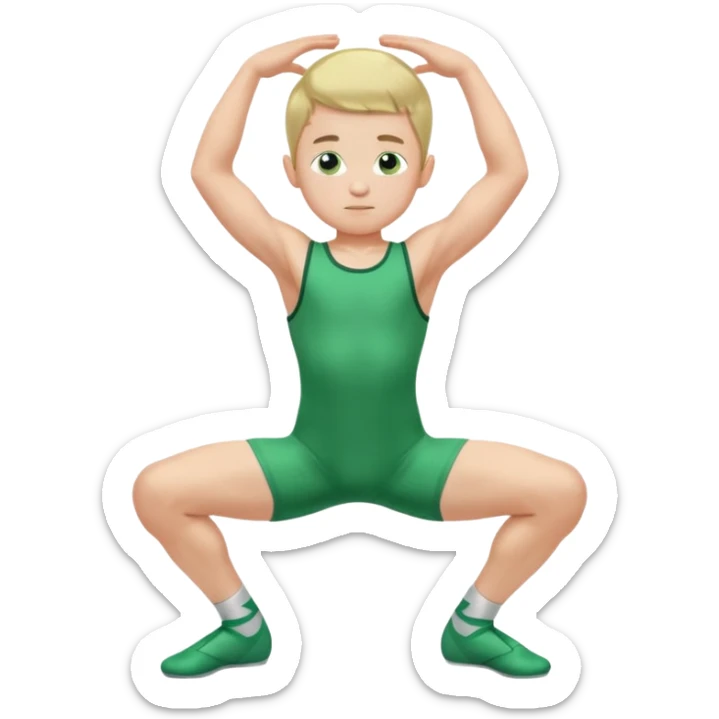 Little boy in a green sleeveless u-neck legless leotard flexing his arms and bending his knees sticker