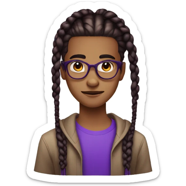Brown teen nerd androginous boy with black and dark purple box braids showing near the eyes sticker