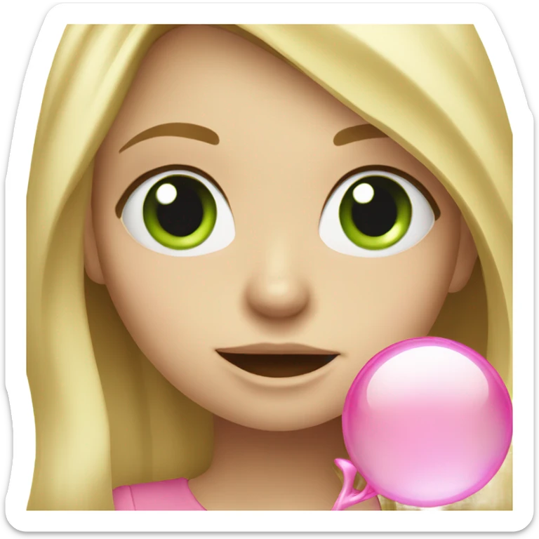 Blonde girl with long hair and green eyes blowing a pink bubble and winking sticker