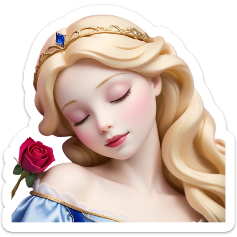 Cinematic Realistic Sleeping Beauty (Aurora) Portrait, with porcelain-like skin featuring a natural rosy flush, illuminated by soft lighting that highlights the gentle contours of her face. Her golden blonde hair flows in soft, detailed waves with subtle highlights that shimmer in the light. Her deep violet-blue eyes radiate warmth and innocence, framed by arched brows and long lashes. With a soft, serene smile, she holds a delicate rose gently in one hand, her other hand resting lightly by her side. She is dressed in her classic pink gown, the fabric rich in texture with delicate folds that catch the light. A golden crown rests atop her head, gleaming with royal refinement. The portrait captures a soft, glowing aura, blending realism with an ethereal sense of beauty and timeless enchantment. sticker