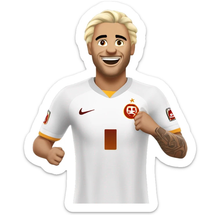 Mauro İcardi is playing for Galatasaray, he has blonde hair, light skin and tattoos. He brings his hands to his ears, celebrates a goal and laughs. sticker
