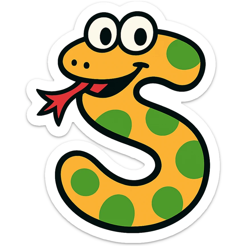 the letter S designed as a playful cartoon snake with a forked tongue and bright colors sticker