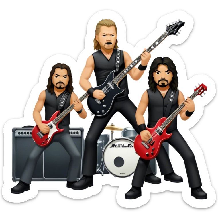 Icon for Metal Music: Metallica band members detailed in their signature look. James Hetfield with guitar, Lars Ulrich on drums, Kirk Hammett with his electric guitar, and Robert Trujillo playing bass. Bold, energetic style with musical notes, all in a heavy metal aesthetic. Transparent background. sticker