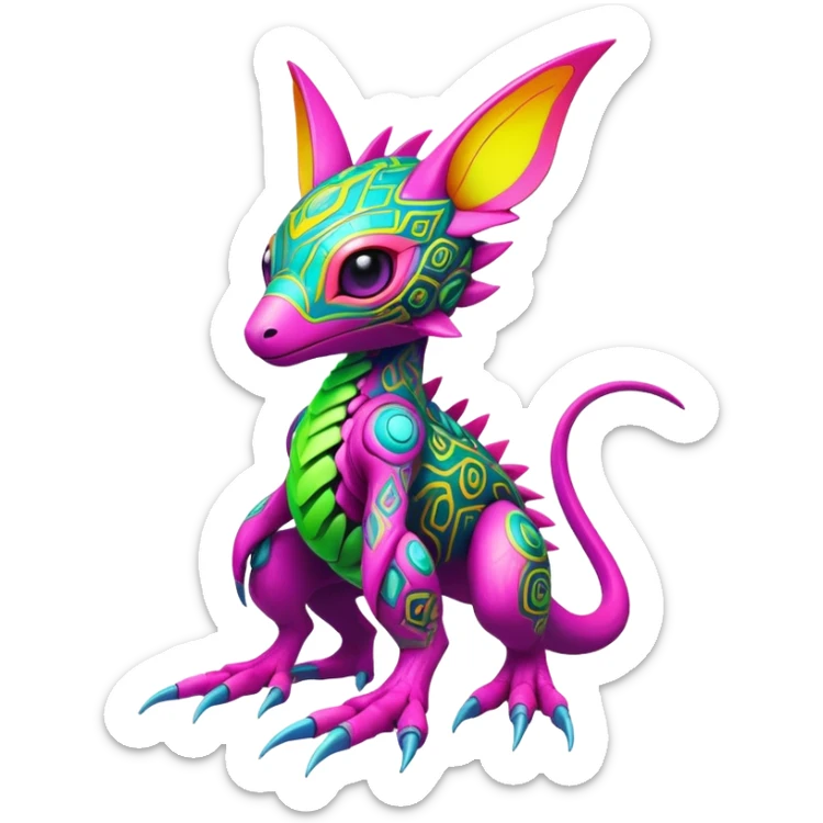 Tropical futuristic lush warm-colored modern colorful neon-colored cyber-Fakémon-Digimon-Trico-creature sticker