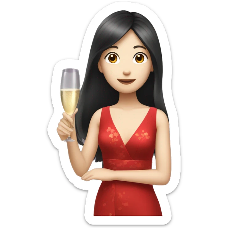 Long hair Japanese girl holding a champagne glass in red dress  sticker