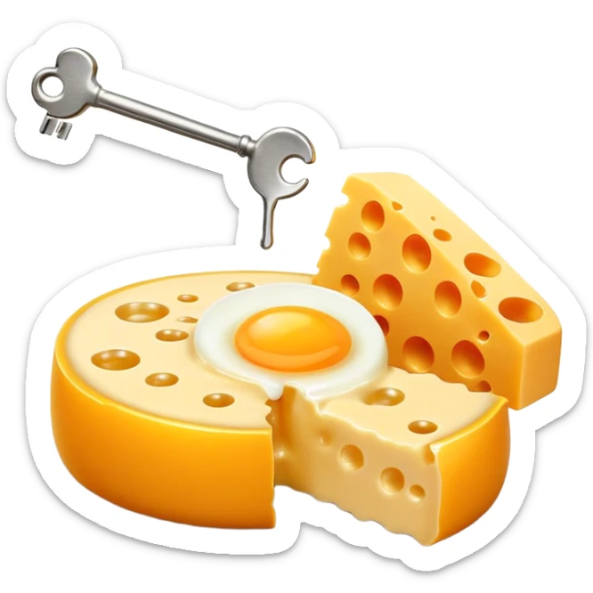 Ethereal vitamin K2 appearing as a golden key floating among pieces of aged cheese, egg yolk, and fermented natto. The key directs glowing calcium particles toward a single bone with a bright golden deposition point, illustrating K2's targeted calcium-directing function. sticker